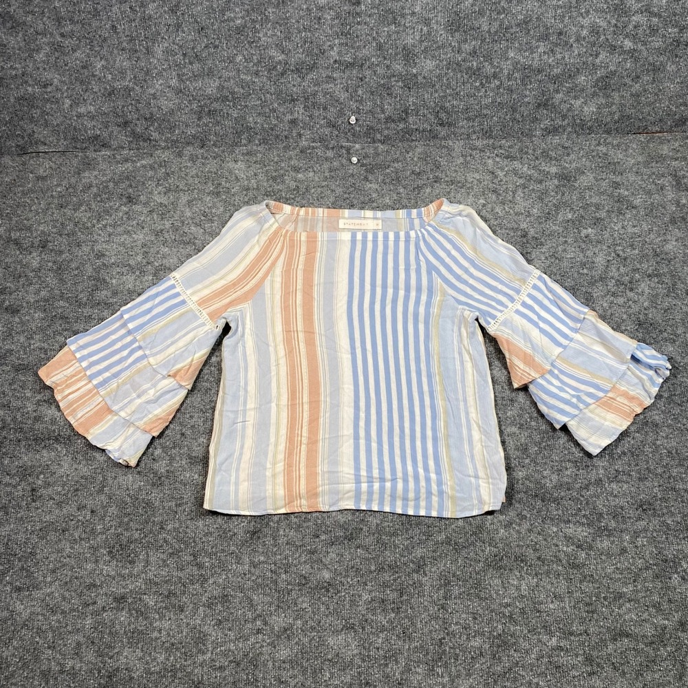 Statement Womens Blue Peach Striped Ruffle Bell Sleeve Blouse Size‎ M Boho Top